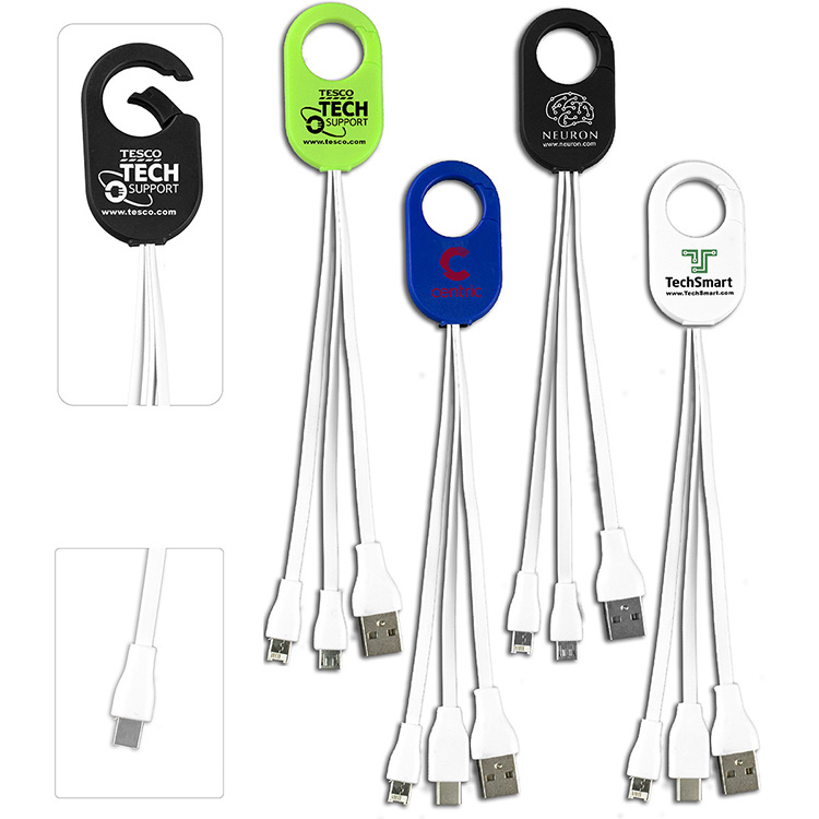 5-in-1 Cell Phone Charging Cable with Type C Adapter and Carabiner Type Spring Clip